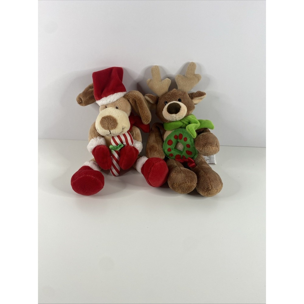 GUND Holiday Pals Puppy Dog w/Candy Cane & Reindeer w/Wreath 8" Plush Stuffed